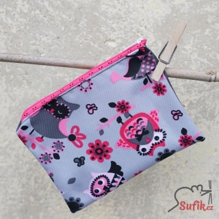 Kapsička na zip 13x18 sovy/šedá záda