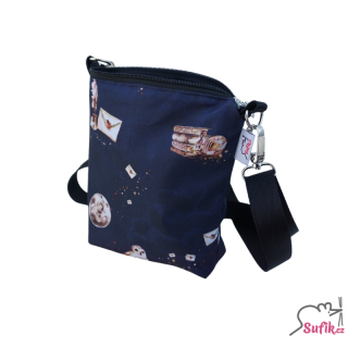 Kabelka crossbody A6 modrá se sovou a dopisem/černá podšívka